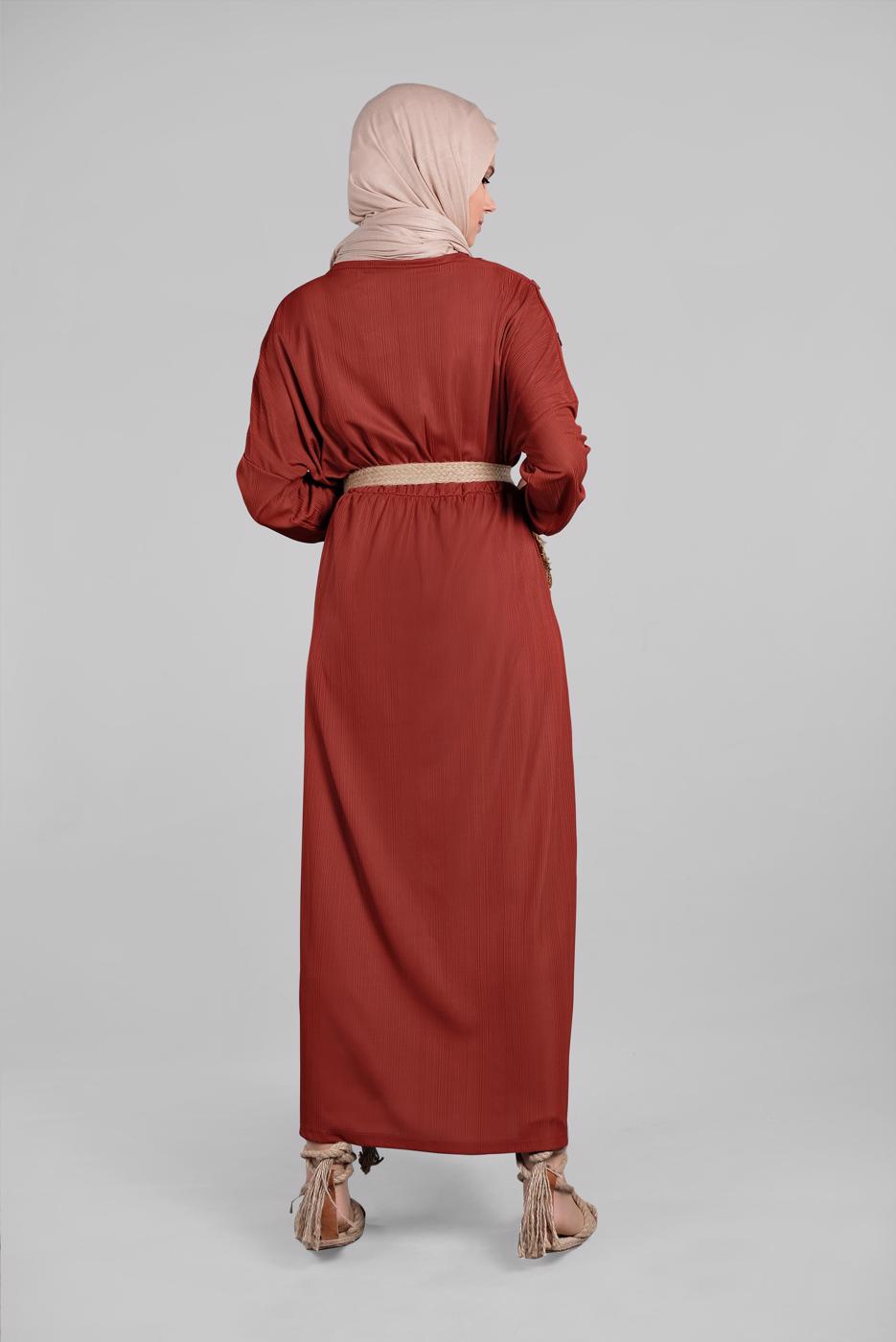 Tesettür giyim KAHVE KOLLARI DÜĞME DETAYLI SALAŞ ELBİSE  8225