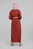 Tesettür giyim KAHVE KOLLARI DÜĞME DETAYLI SALAŞ ELBİSE  8225