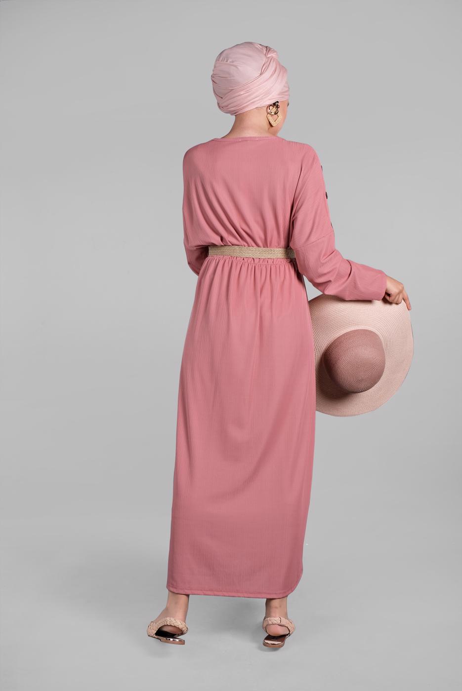 Tesettür giyim PUDRA KOLLARI DÜĞME DETAYLI SALAŞ ELBİSE  8225