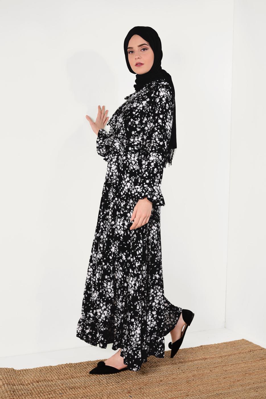 Tesettür giyim SİYAH ÇİÇEK DESENLİ ELBİSE T 8226