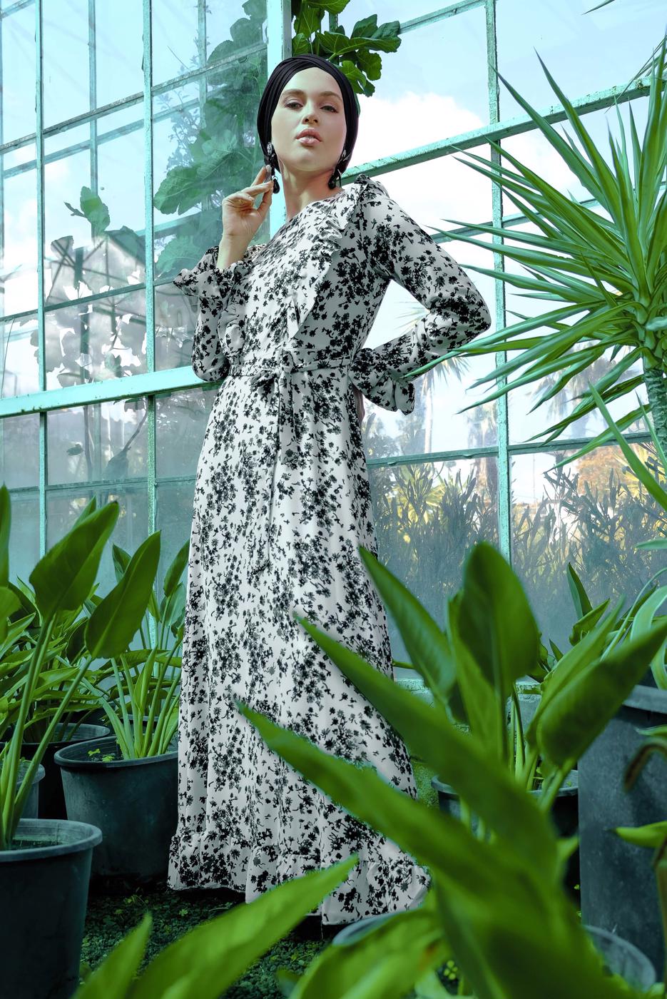 Tesettür giyim KREM ÇİÇEK DESENLİ ELBİSE T 8226