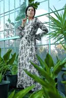 Tesettür giyim KREM ÇİÇEK DESENLİ ELBİSE T 8226