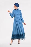 Tesettür giyim YEŞİL ETEK UCU DANTELLİ ELBİSE 8422