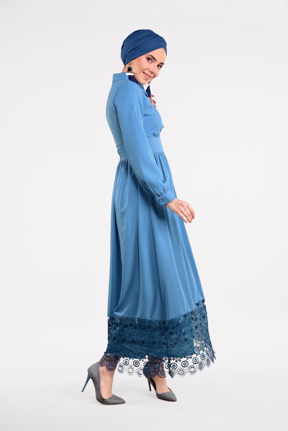 Tesettür giyim YEŞİL ETEK UCU DANTELLİ ELBİSE 8422