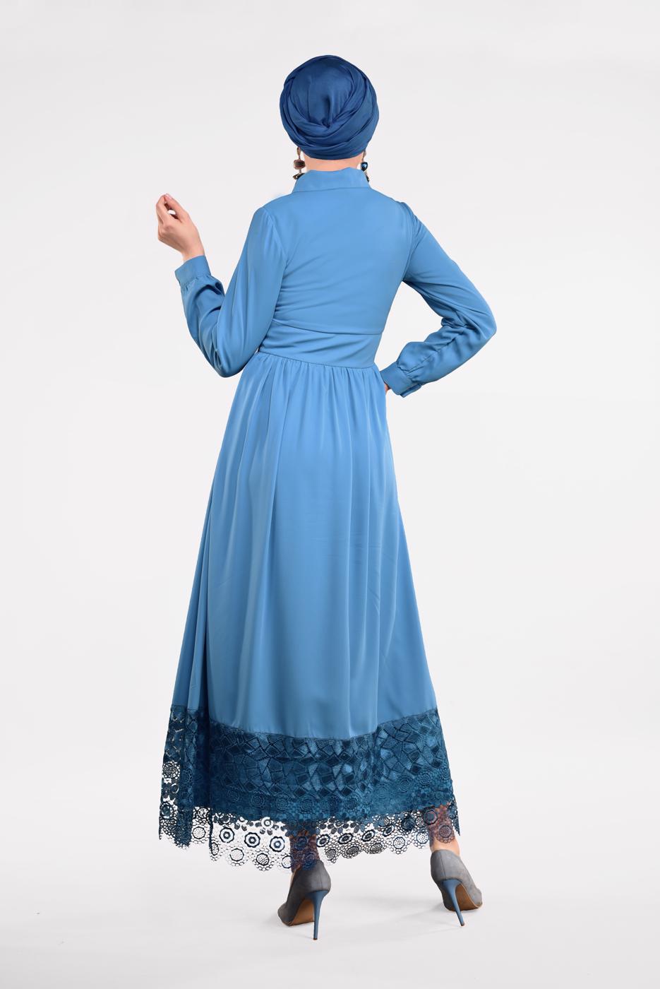 Tesettür giyim YEŞİL ETEK UCU DANTELLİ ELBİSE 8422