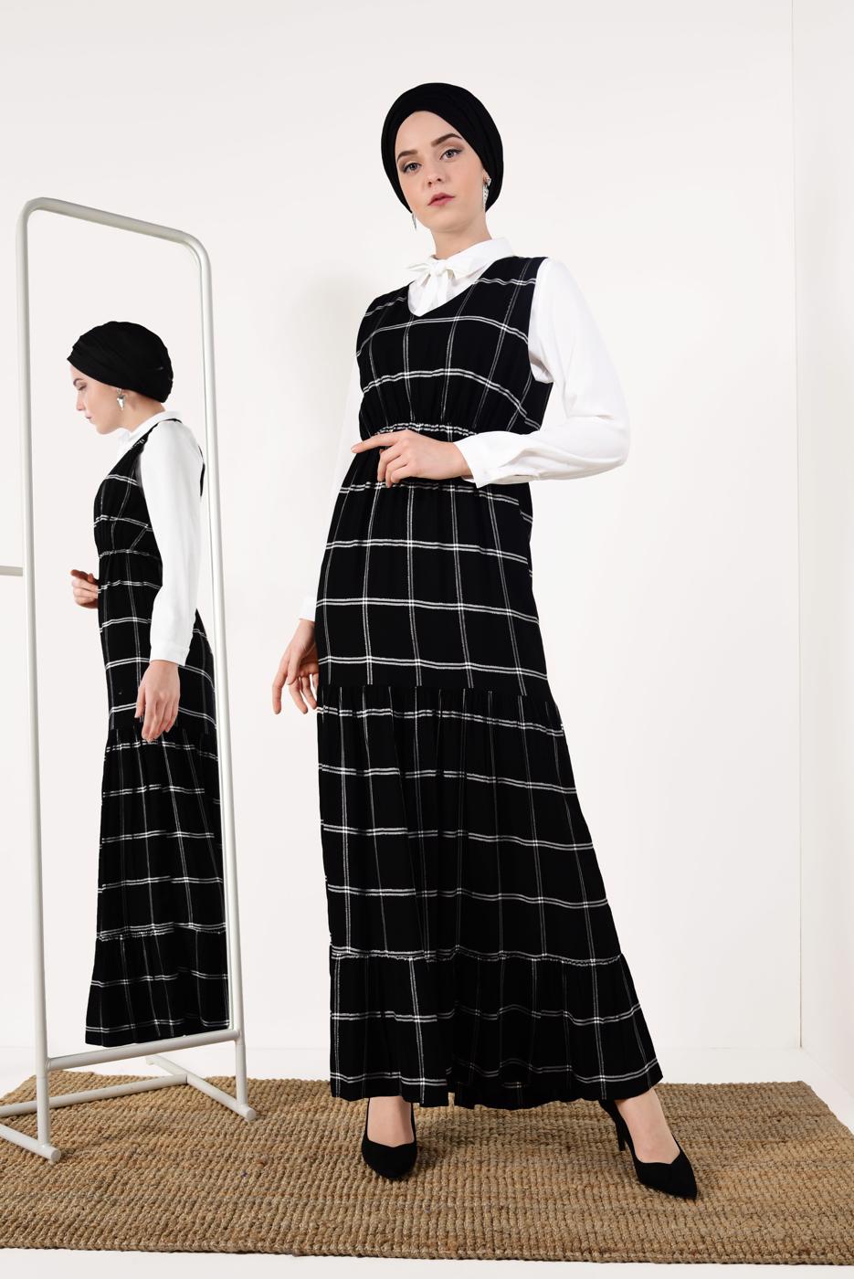 Tesettür giyim SİYAH İKİLİ EKOSE ELBİSE T 8426