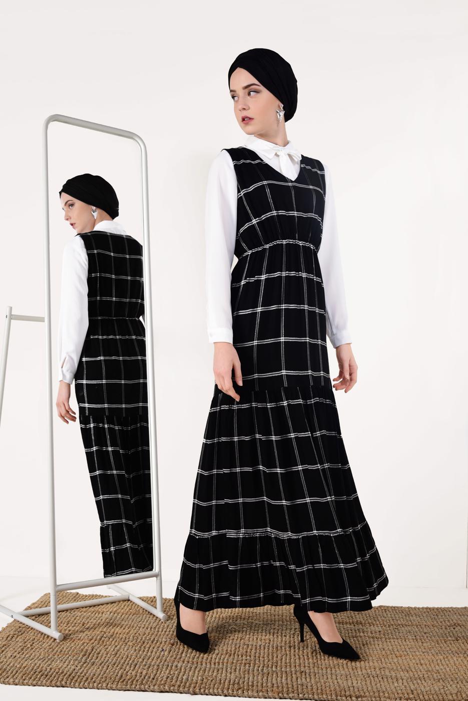 Tesettür giyim SİYAH İKİLİ EKOSE ELBİSE T 8426