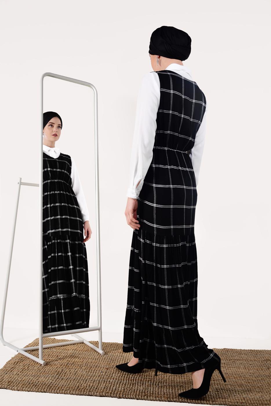 Tesettür giyim SİYAH İKİLİ EKOSE ELBİSE T 8426