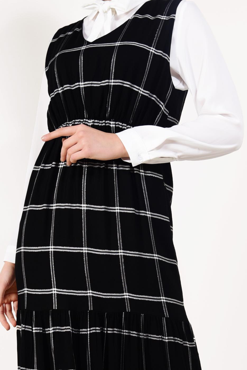 Tesettür giyim SİYAH İKİLİ EKOSE ELBİSE T 8426