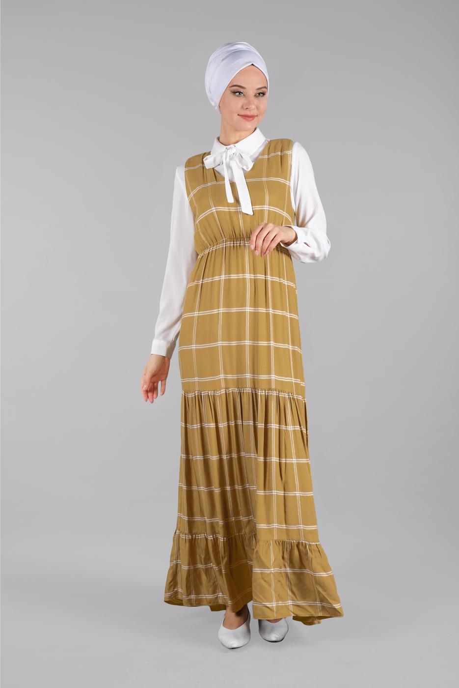 Tesettür giyim TURUNCU İKİLİ EKOSE ELBİSE T 8426