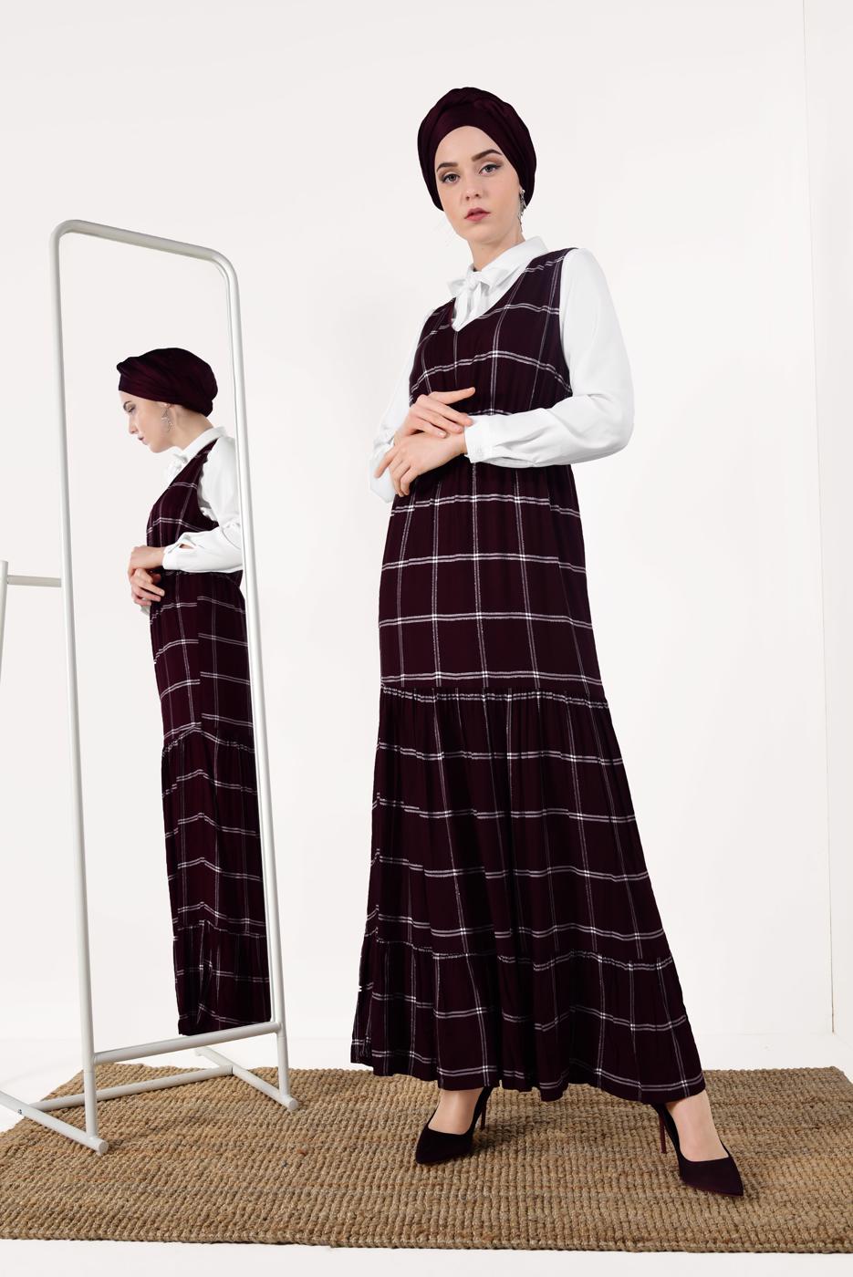 Tesettür giyim MÜRDÜM İKİLİ EKOSE ELBİSE T 8426