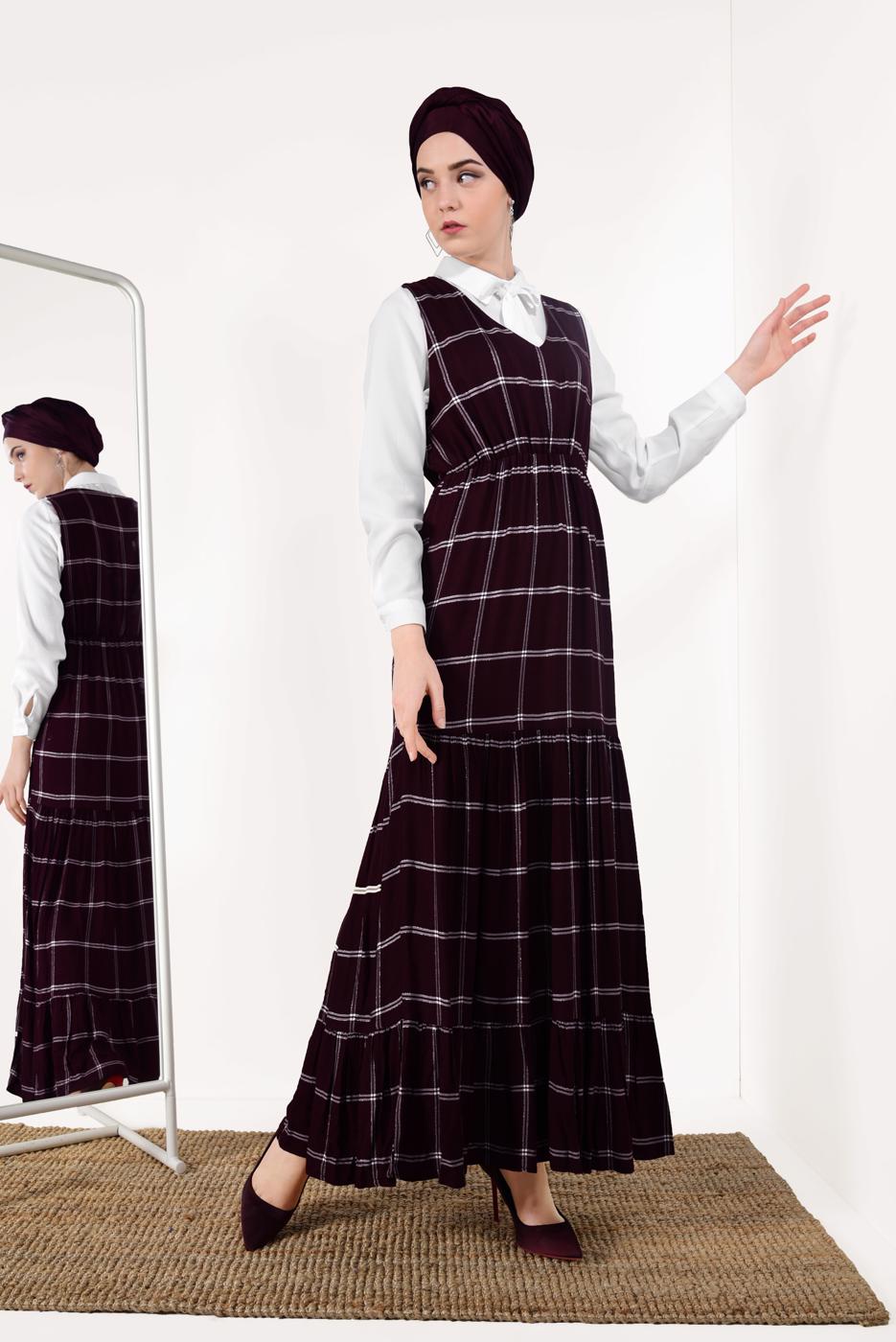 Tesettür giyim MÜRDÜM İKİLİ EKOSE ELBİSE T 8426