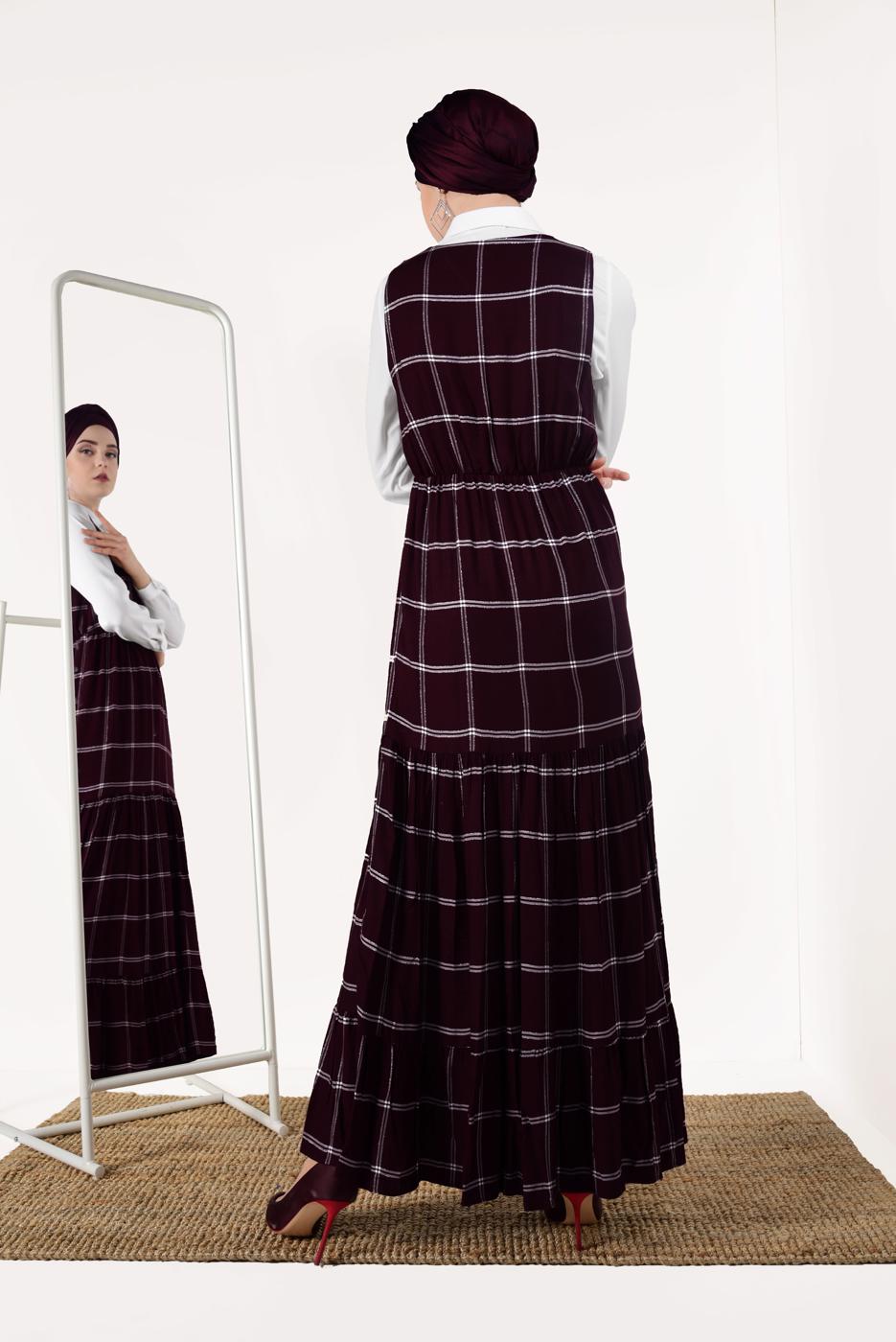 Tesettür giyim MÜRDÜM İKİLİ EKOSE ELBİSE T 8426