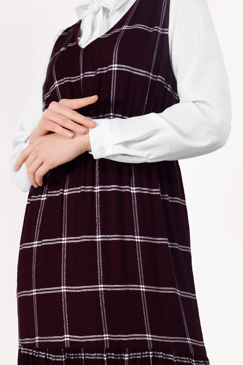 Tesettür giyim MÜRDÜM İKİLİ EKOSE ELBİSE T 8426