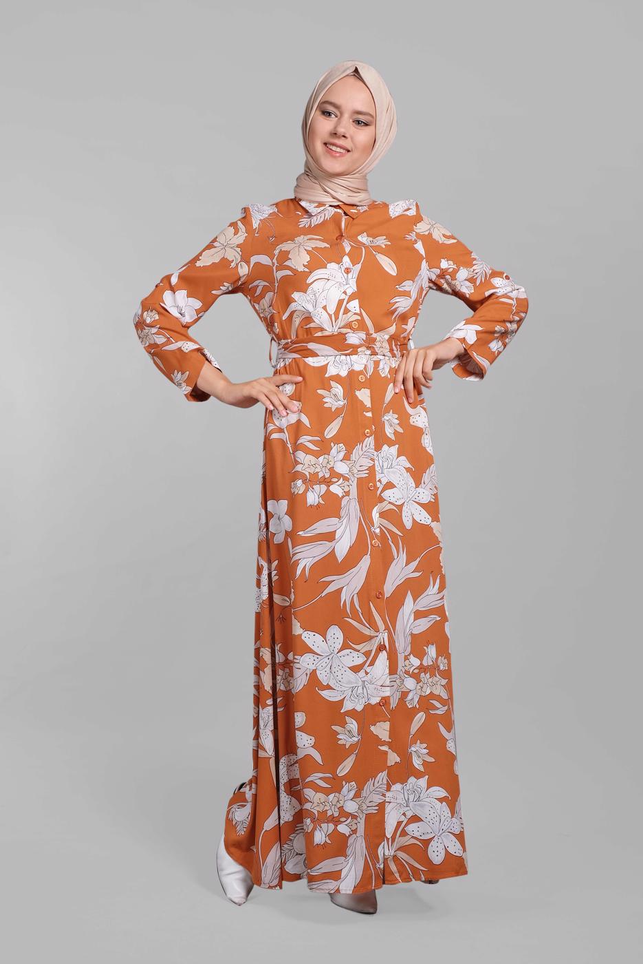 Hijab clothing ORANGE Floral Buttoned Dress T 8937 