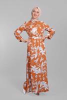 Hijab clothing ORANGE Floral Buttoned Dress T 8937 