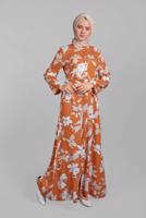 Hijab clothing ORANGE Floral Buttoned Dress T 8937 