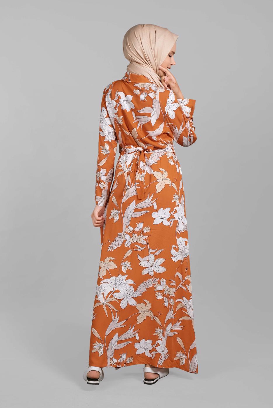 Hijab clothing ORANGE Floral Buttoned Dress T 8937 
