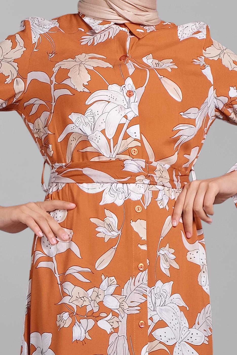 Hijab clothing ORANGE Floral Buttoned Dress T 8937 