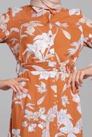 Hijab clothing ORANGE Floral Buttoned Dress T 8937 