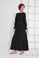 Tesettür giyim SİYAH BELİ LASTİKLİ VOLANLI ELBİSE 9116