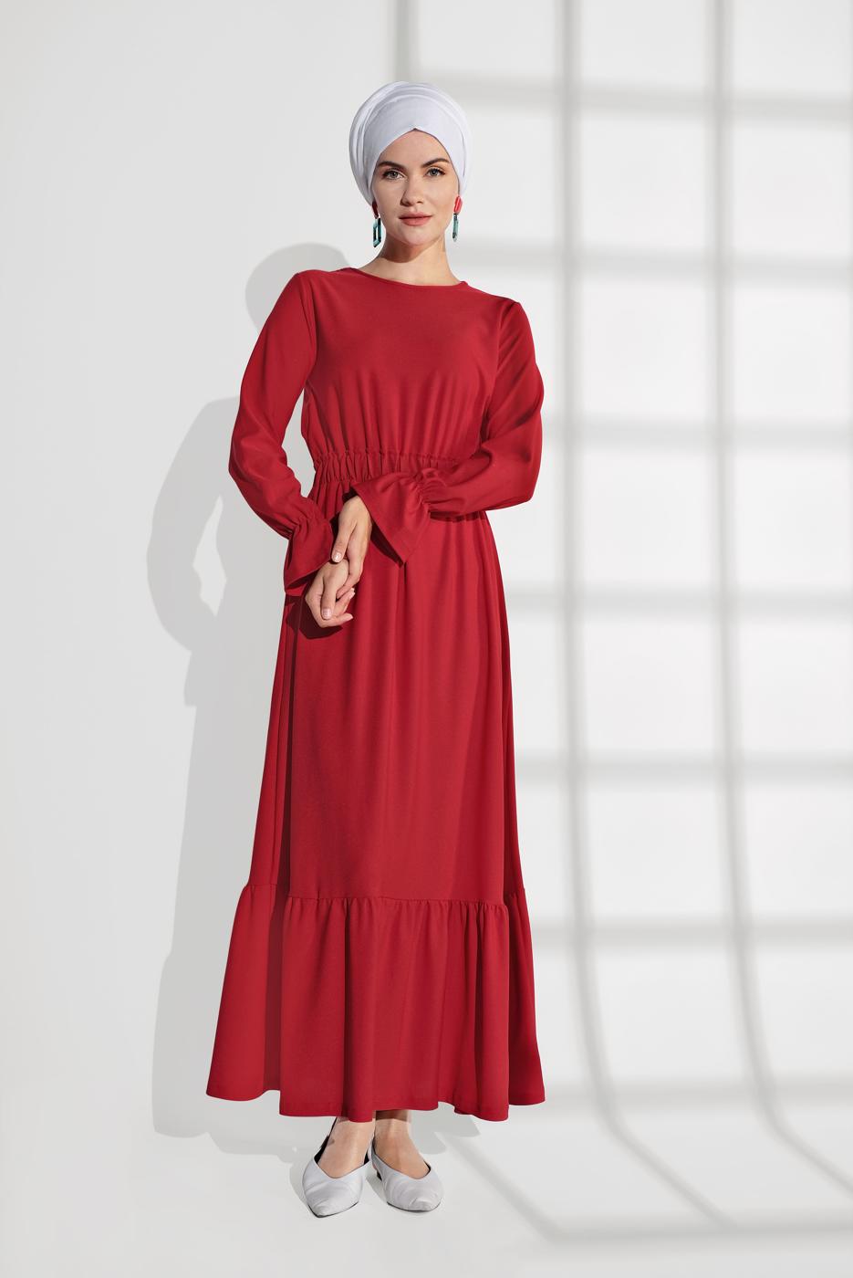 Tesettür giyim KIRMIZI BELİ LASTİKLİ VOLANLI ELBİSE 9116