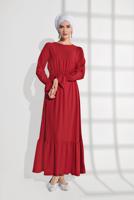 Tesettür giyim KIRMIZI BELİ LASTİKLİ VOLANLI ELBİSE 9116