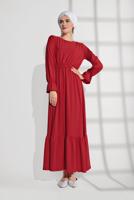 Tesettür giyim KIRMIZI BELİ LASTİKLİ VOLANLI ELBİSE 9116