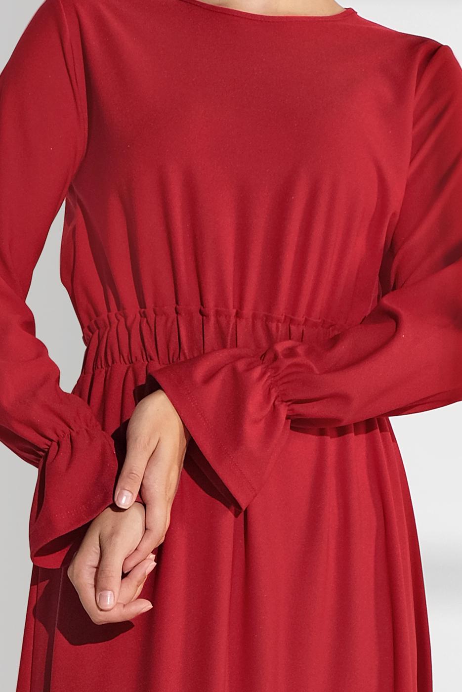 Tesettür giyim KIRMIZI BELİ LASTİKLİ VOLANLI ELBİSE 9116