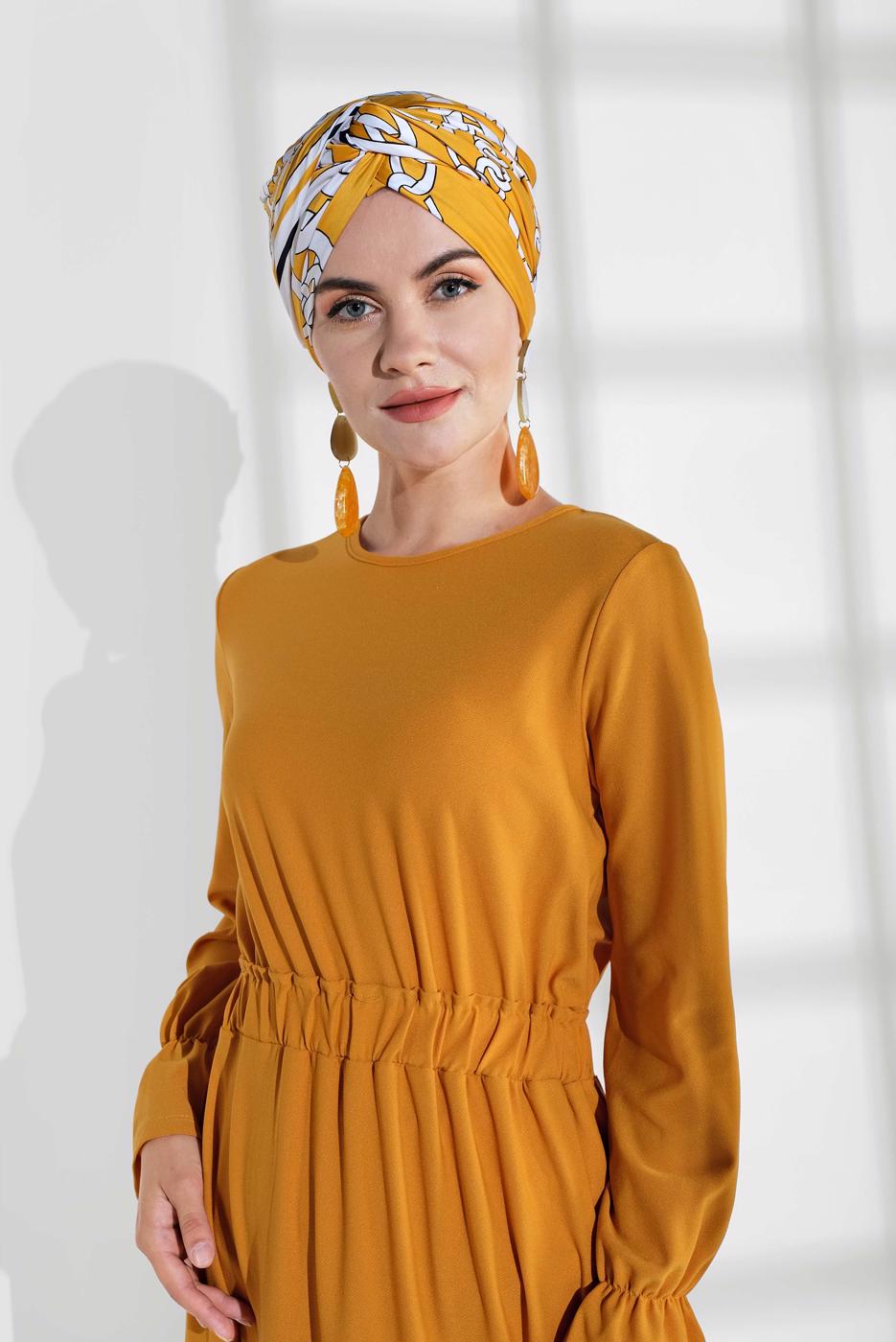 Tesettür giyim TURUNCU BELİ LASTİKLİ VOLANLI ELBİSE 9116