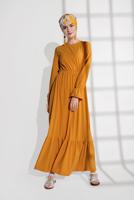 Tesettür giyim TURUNCU BELİ LASTİKLİ VOLANLI ELBİSE 9116