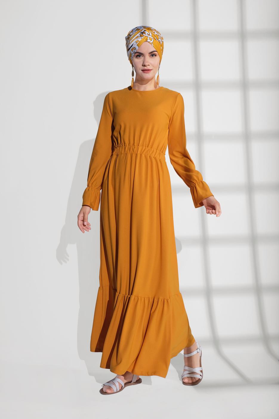Tesettür giyim TURUNCU BELİ LASTİKLİ VOLANLI ELBİSE 9116