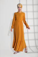 Tesettür giyim TURUNCU BELİ LASTİKLİ VOLANLI ELBİSE 9116