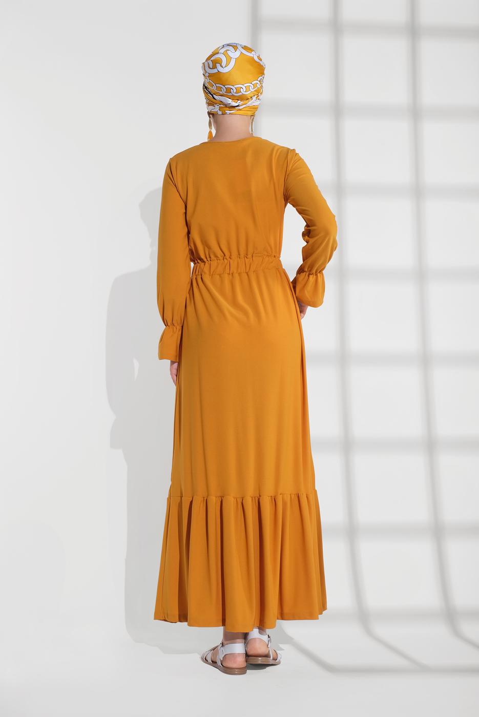 Tesettür giyim TURUNCU BELİ LASTİKLİ VOLANLI ELBİSE 9116