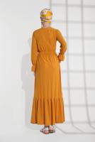 Tesettür giyim TURUNCU BELİ LASTİKLİ VOLANLI ELBİSE 9116