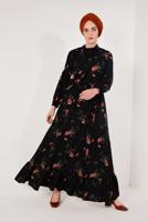 Tesettür giyim SİYAH ÇİÇEK DESENLİ ELBİSE T 9226