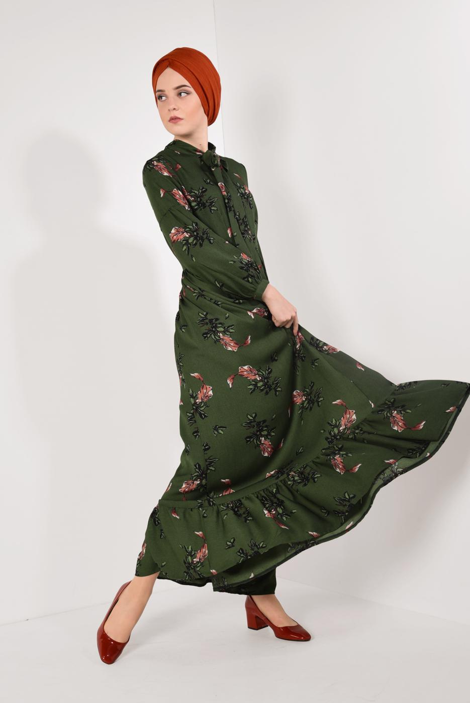 Tesettür giyim HAKİ ÇİÇEK DESENLİ ELBİSE T 9226