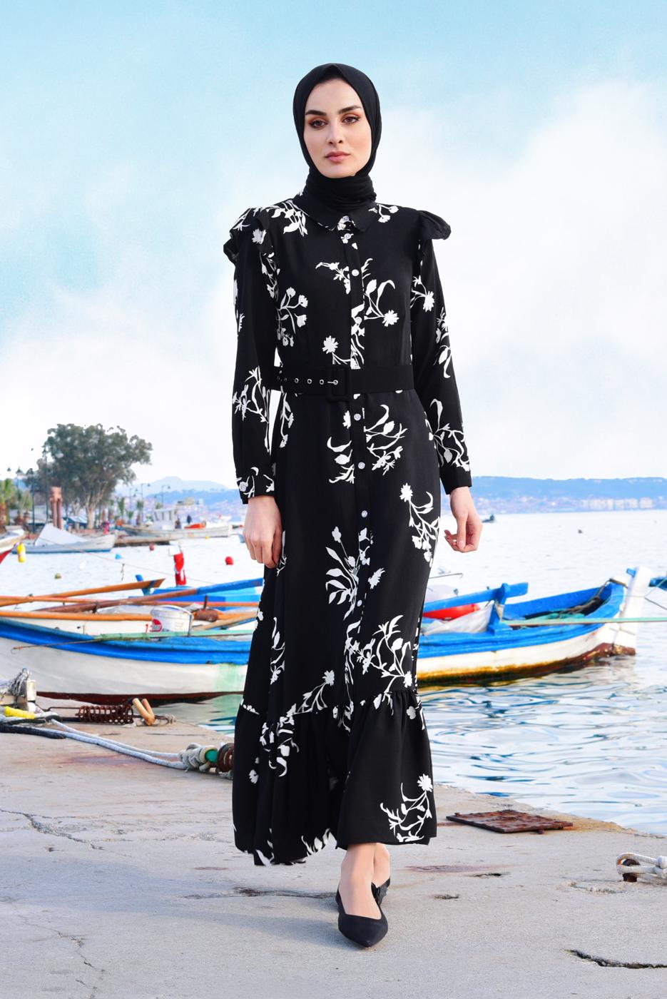 Tesettür giyim SİYAH BELİ KEMERLİ PAMUKLU UZUN ELBİSE 9326