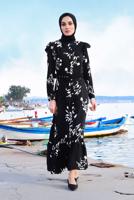 Tesettür giyim SİYAH BELİ KEMERLİ PAMUKLU UZUN ELBİSE 9326