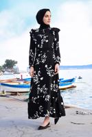 Tesettür giyim SİYAH BELİ KEMERLİ PAMUKLU UZUN ELBİSE 9326