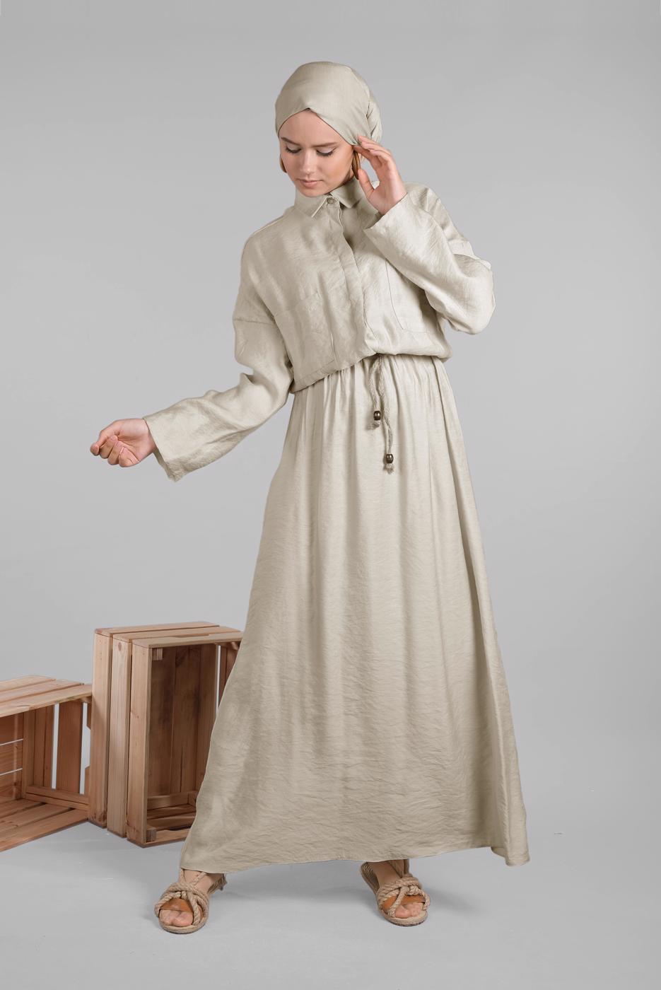 Hijab clothing BEIGE Elastic Waist Hidden Button Dress T 9937 