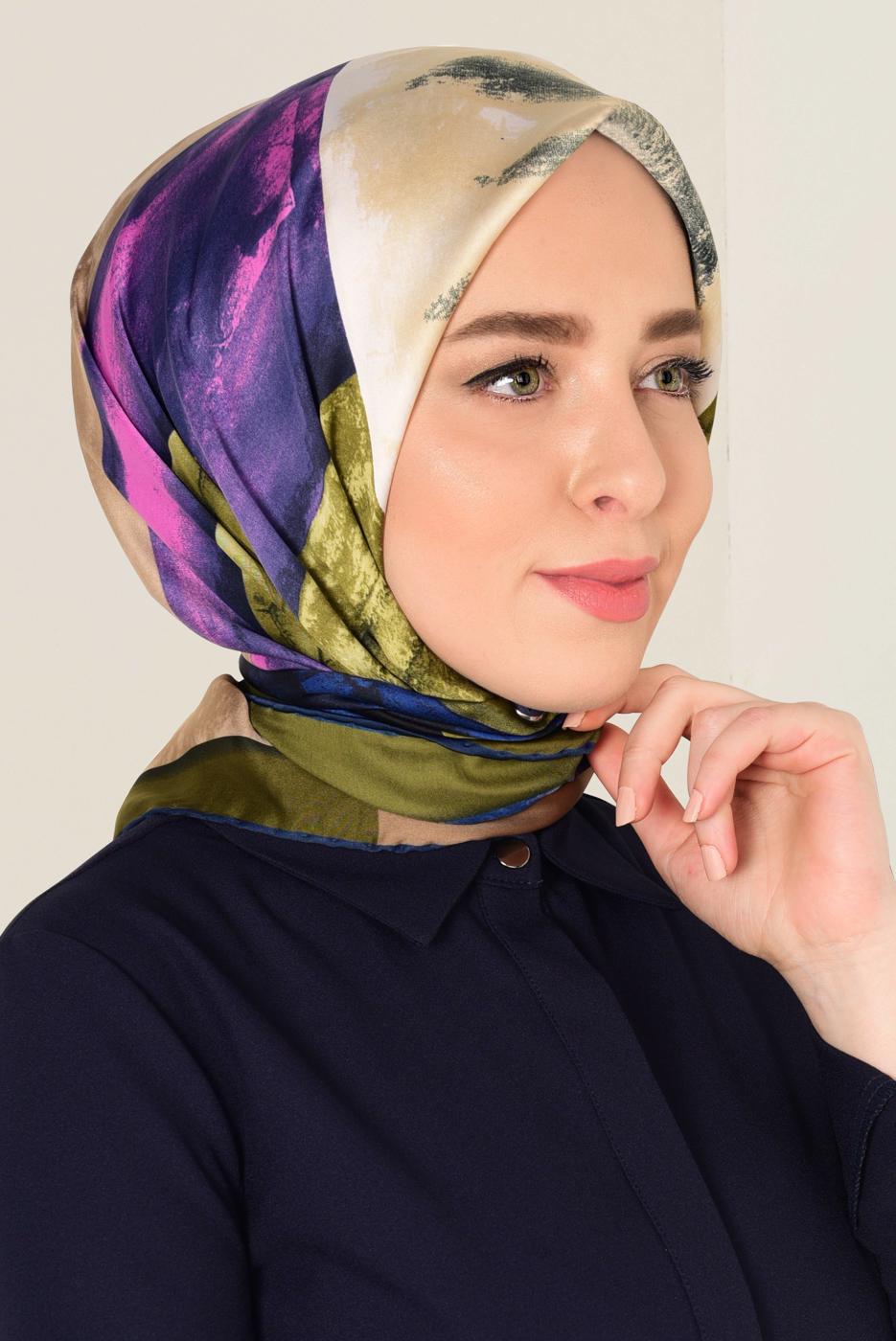 Tesettür giyim HAKİ T 11418-1 ALVİNA DESENLİ EŞARP