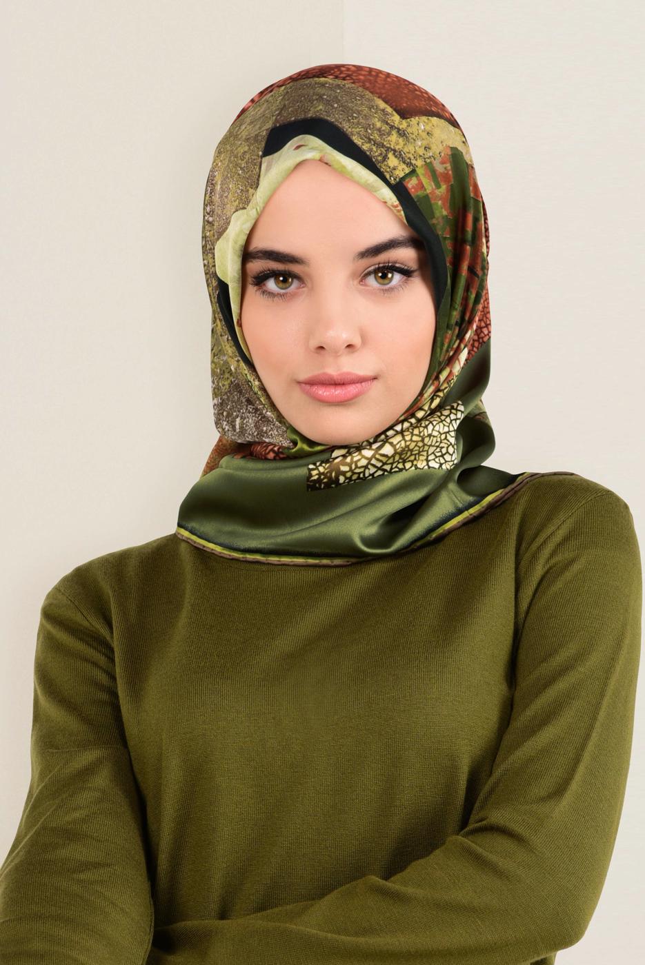 Tesettür giyim HAKİ ALVİNA DESENLİ EŞARP 12164-1