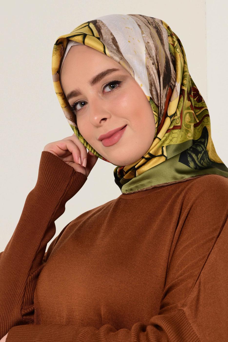 Tesettür giyim HAKİ T 12165-1 ALVİNA DESENLİ EŞARP