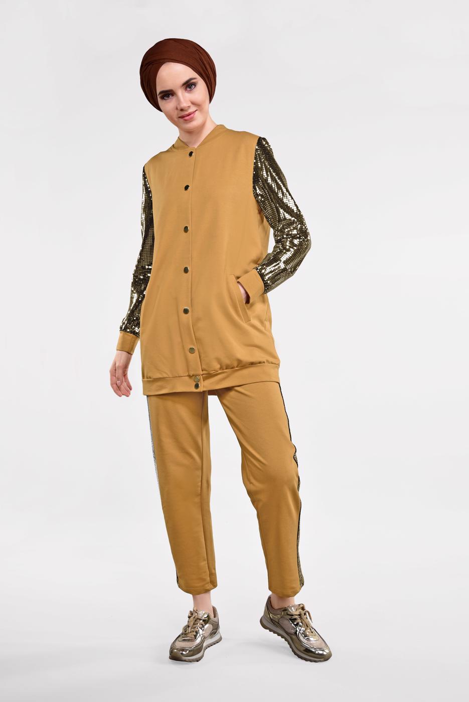 Tesettür giyim TABA KOLLARI PAYET DETAYLI EŞOFMAN TAKIMI 44291