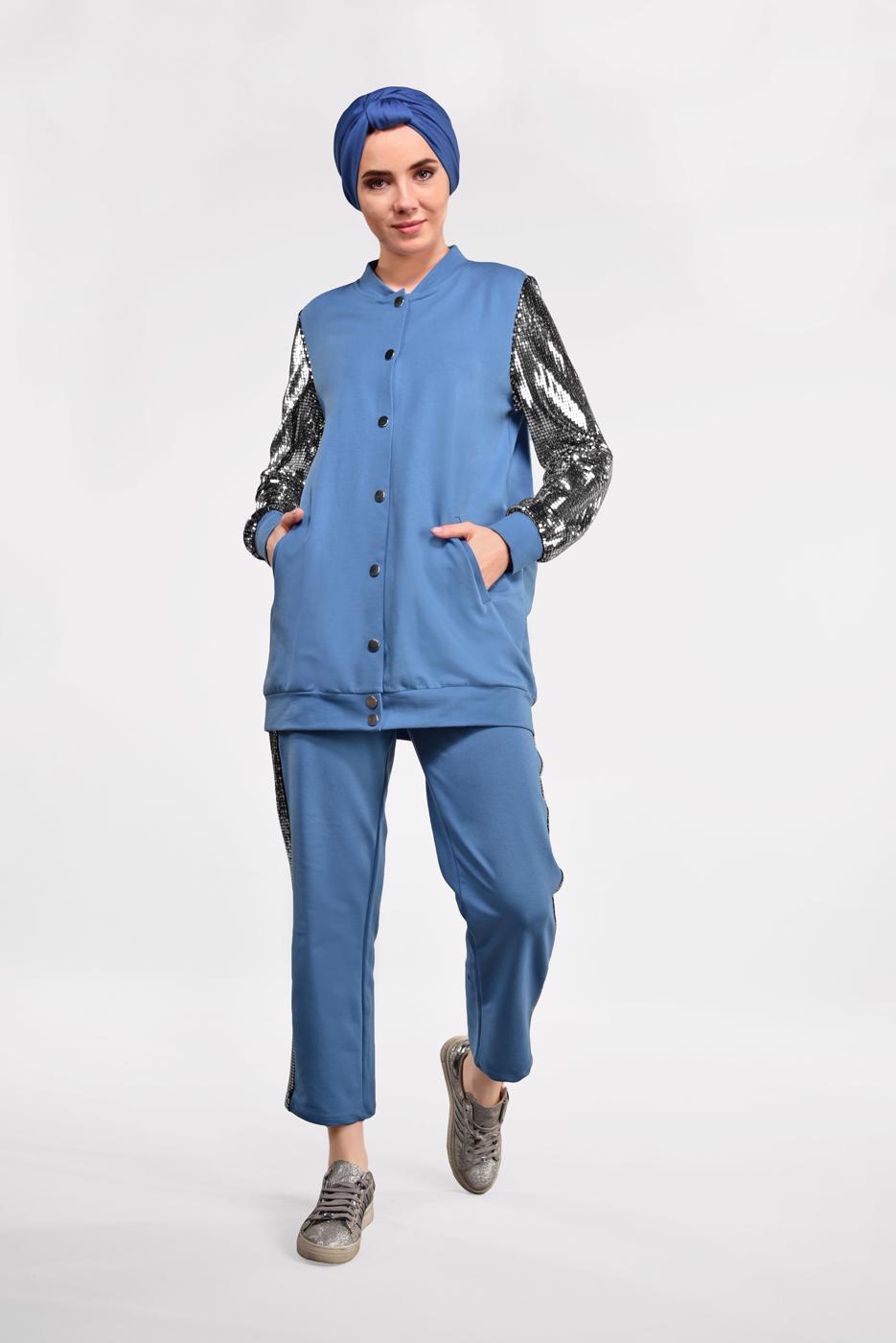 Tesettür giyim LACİVERT KOLLARI PAYET DETAYLI EŞOFMAN TAKIMI 44291