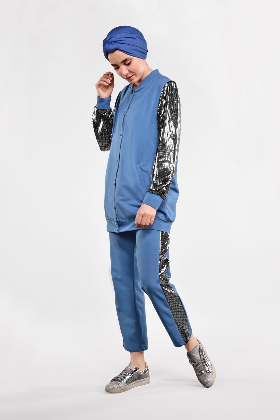 Tesettür giyim LACİVERT KOLLARI PAYET DETAYLI EŞOFMAN TAKIMI 44291