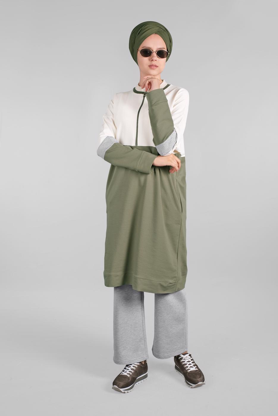 Tesettür giyim EKRU FERMUARLI CEP DETAYLI 2&prime;Lİ EŞOFMAN TAKIM 55104