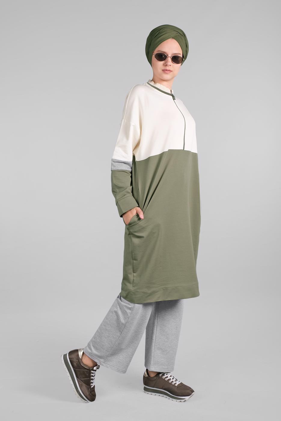 Tesettür giyim EKRU FERMUARLI CEP DETAYLI 2&prime;Lİ EŞOFMAN TAKIM 55104