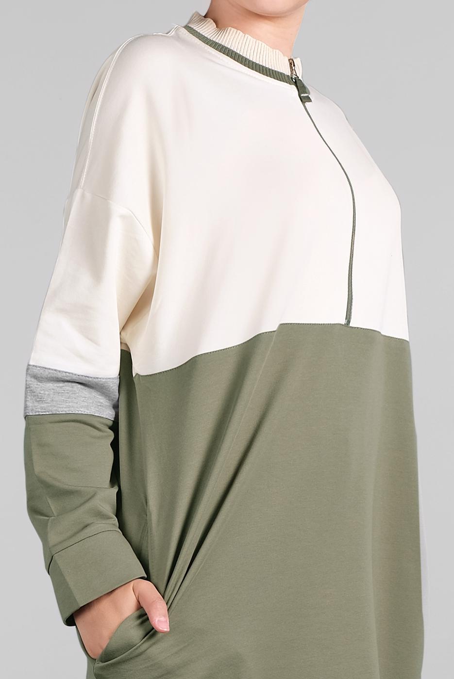 Tesettür giyim EKRU FERMUARLI CEP DETAYLI 2&prime;Lİ EŞOFMAN TAKIM 55104